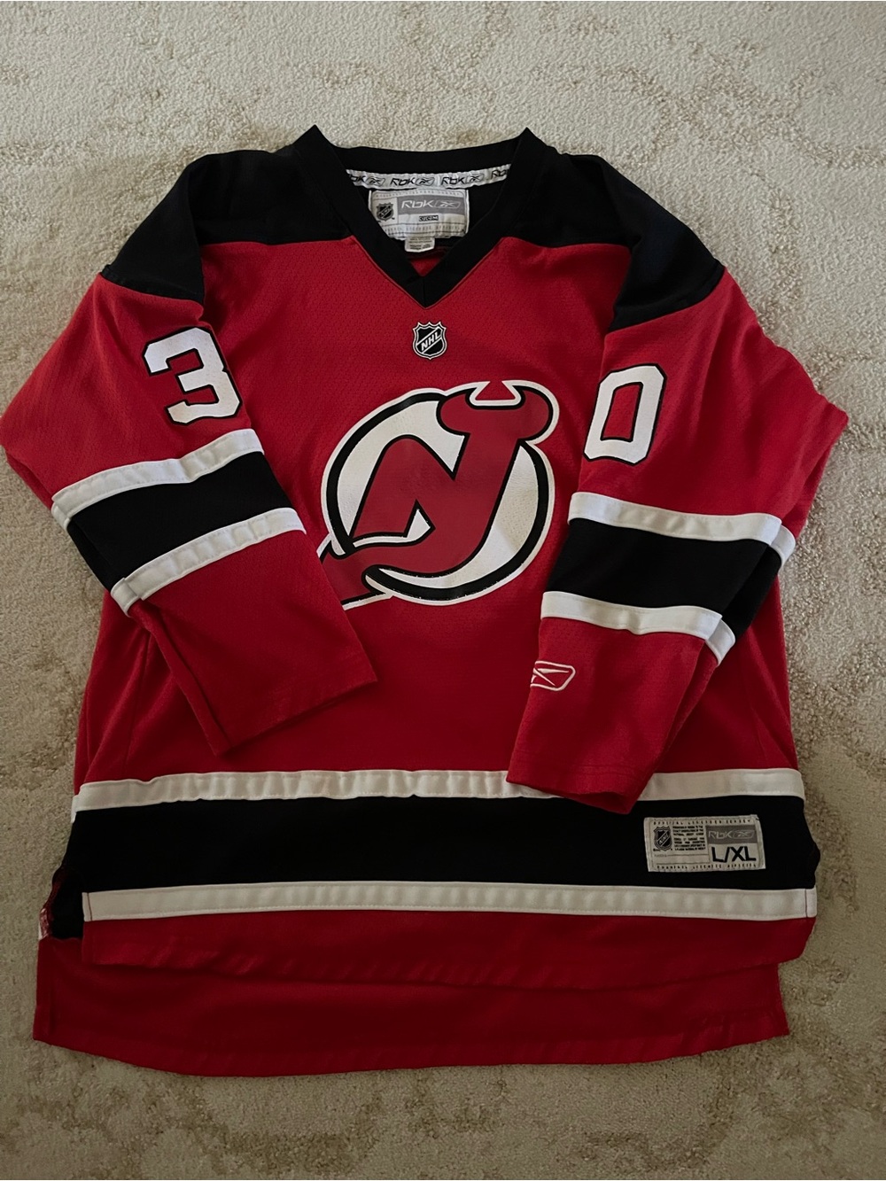 Brodeur Reebok Red Black and White NHL Jersey - kids L/XL number 30